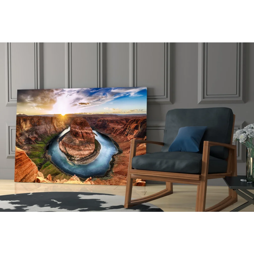 Horseshoe Bend glass wall art with vibrant sunset canyon river views