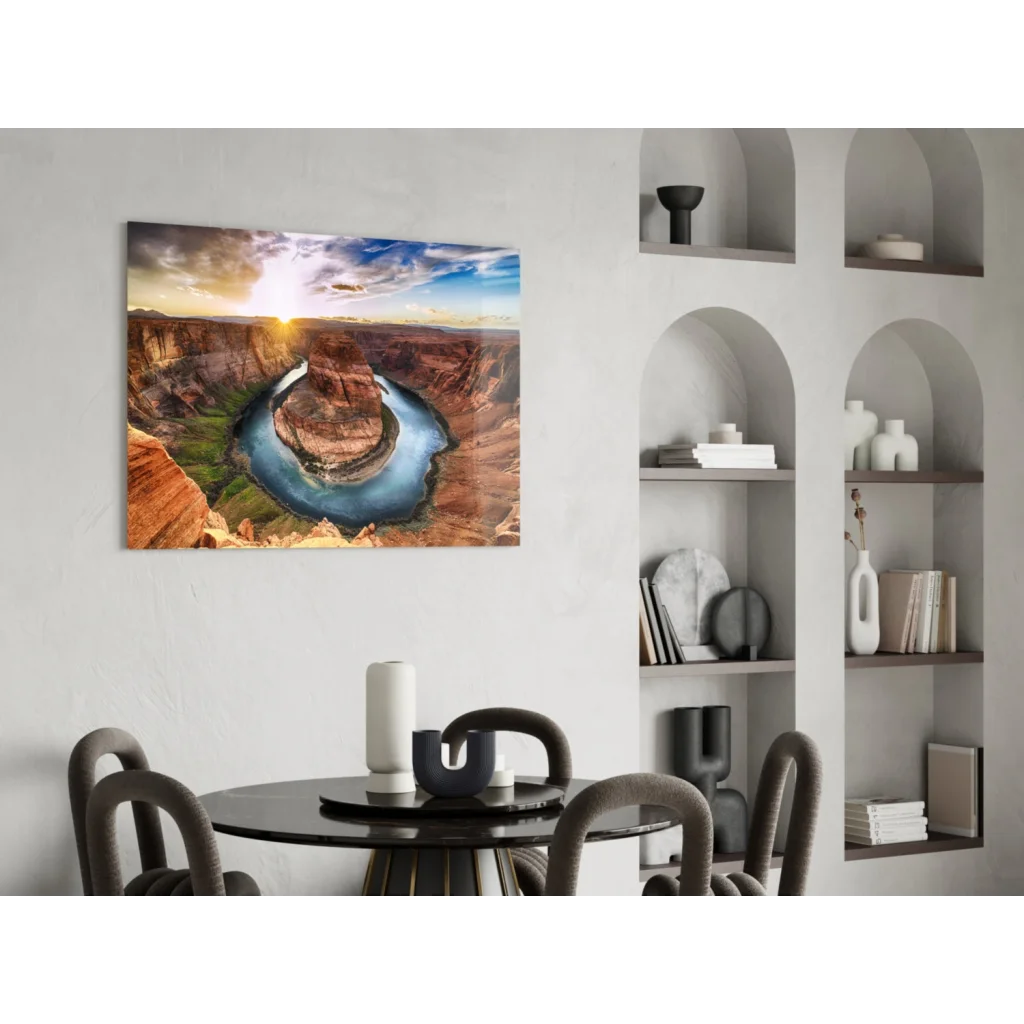 Vibrant Horseshoe Bend glass wall art with Grand Canyon river views