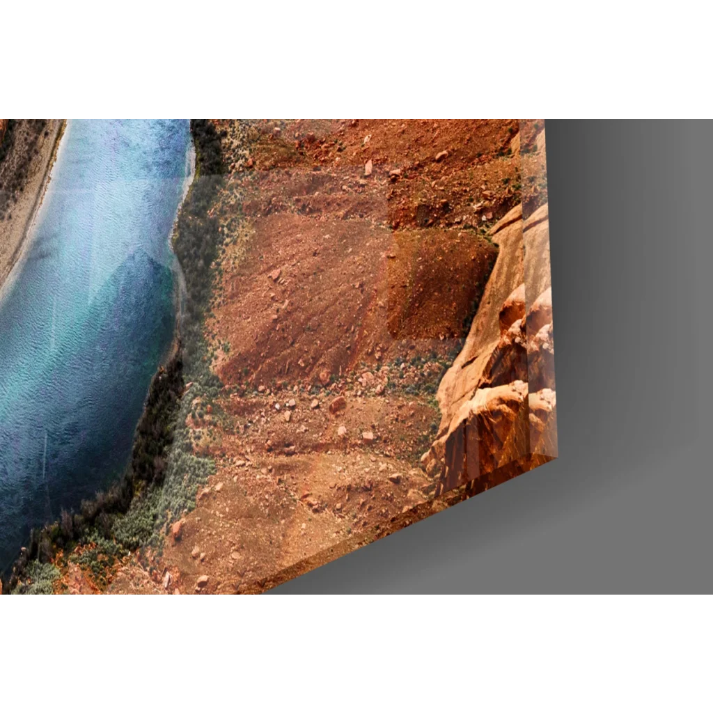 Horseshoe Bend glass wall art of vibrant canyon cliffs and blue water