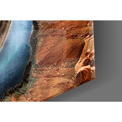 Horseshoe Bend glass wall art of vibrant canyon cliffs and blue water
