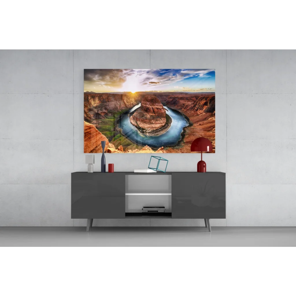 Horseshoe Bend glass wall art with sunset river canyon views