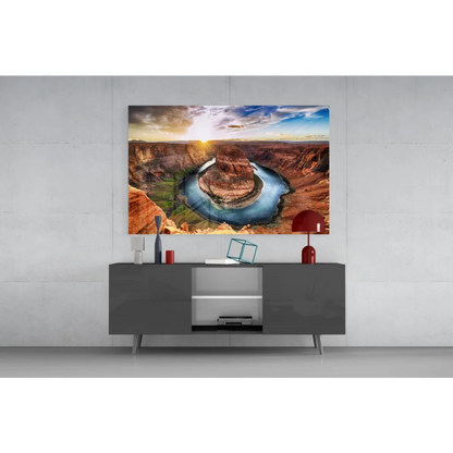 Horseshoe Bend glass wall art with sunset river canyon views