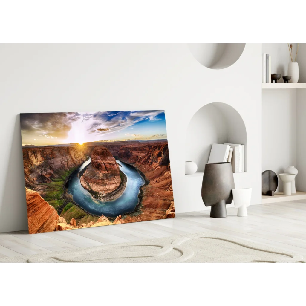 Stunning Horseshoe Bend glass wall art with vibrant Colorado River views
