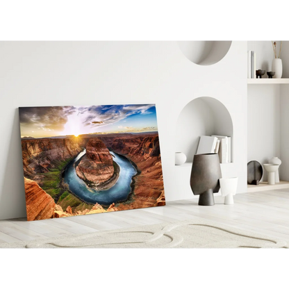 Stunning Horseshoe Bend glass wall art with vibrant Colorado River views