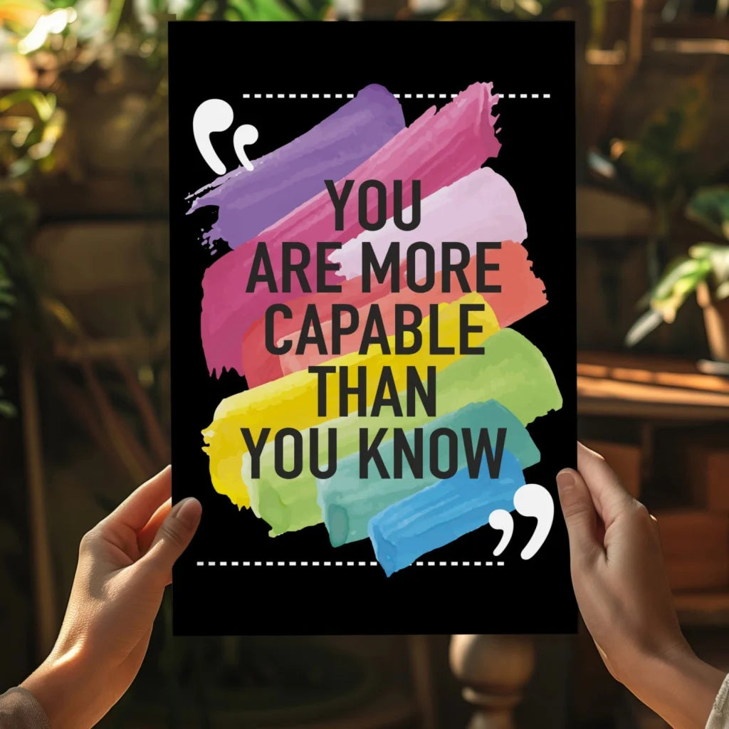 Insigne aluminum prints motivational quote wall art with bold white text on black background framed by colorful brushstrokes