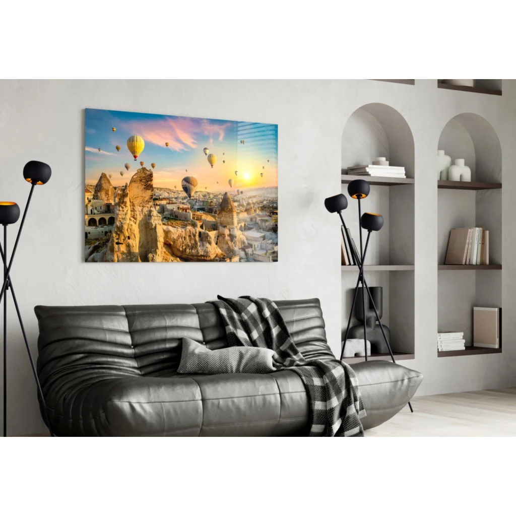Vibrant Cappadocia hot air balloons glass wall art at sunrise
