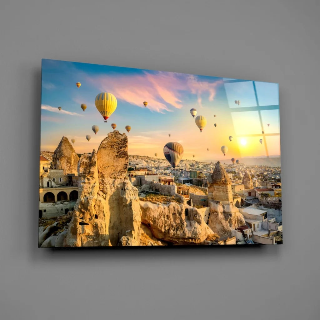 Vibrant Cappadocia hot air balloons on sleek glass wall art panel