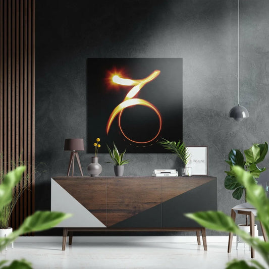Fiery glow brushed aluminium dibond wall art with golden symbol