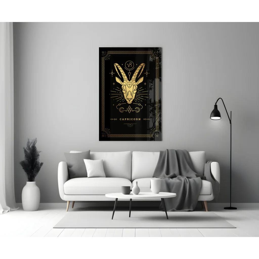 Stunning black and gold Capricorn glass wall art with ornate frame