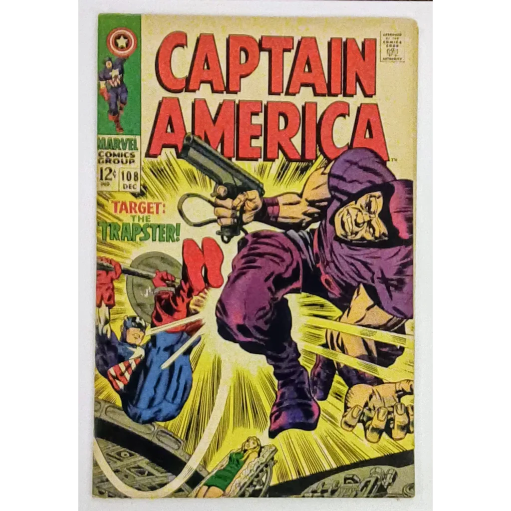 Vintage 1968 Captain America Issue 108 Marvel Comics cover with dynamic action