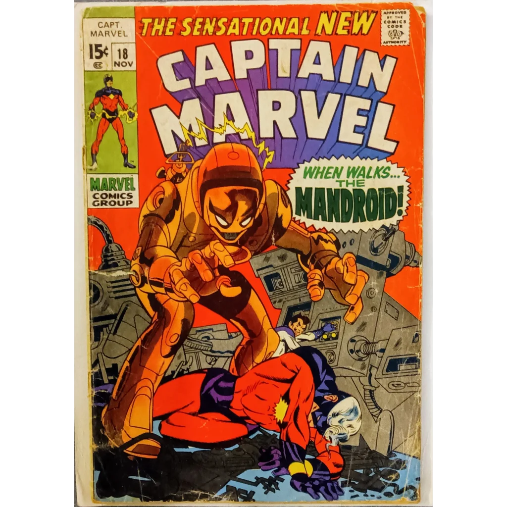 Captain Marvel Issue 18 comic cover with golden Mandroid, Marvel Comics November 1969