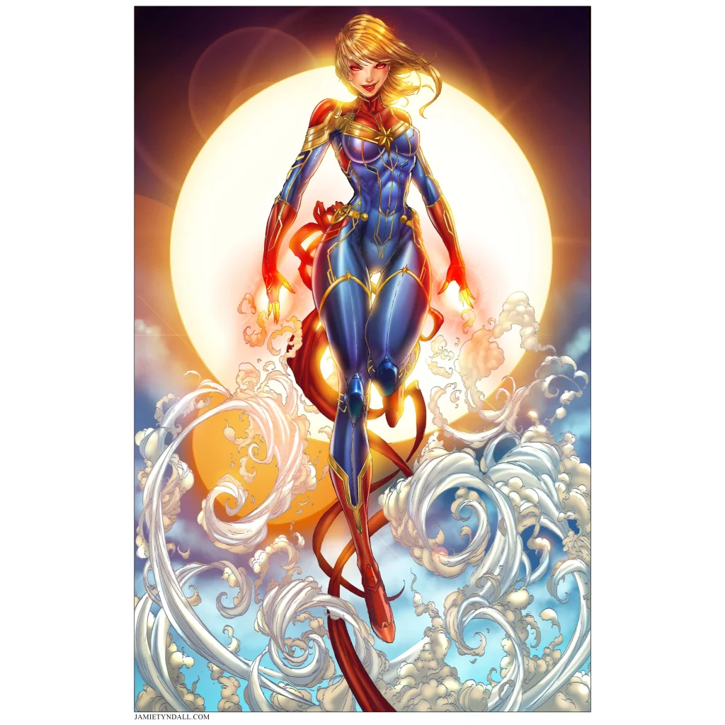 Captain Marvel soars in blue red suit above clouds on brushed aluminum print