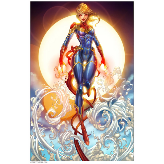 Captain Marvel soars in blue red suit above clouds on brushed aluminum print