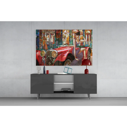 Vibrant red vintage car wall art with woman in purple on canvas