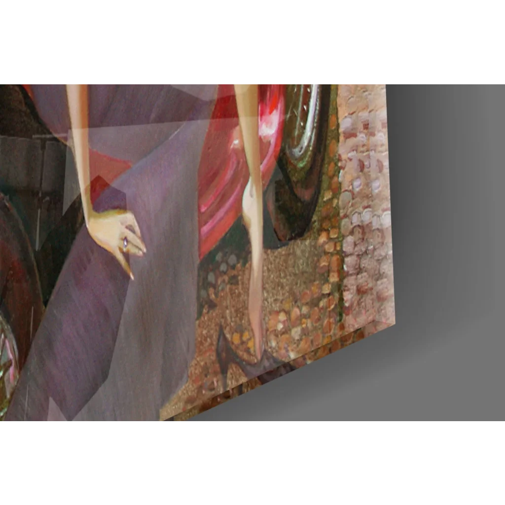 Vibrant vintage red car canvas wall art with woman in purple
