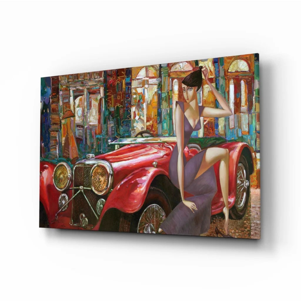 Vintage Red Car Canvas Wall Art with Woman in Purple | Insigneart USA | vintageantiquesgifts.com