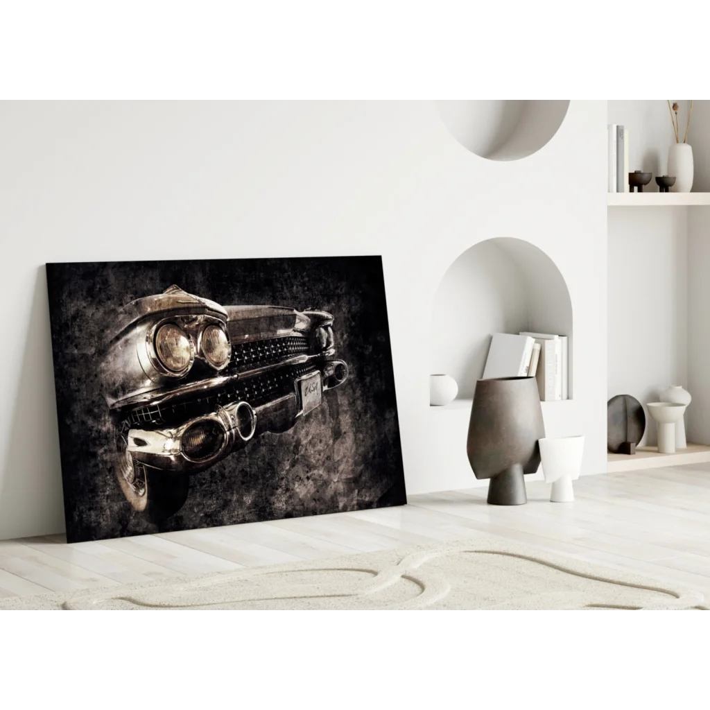 Vintage Cadillac grille in black and silver glass wall art print