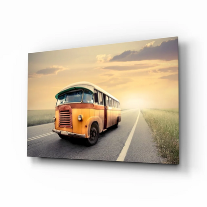 Vintage orange bus canvas wall art print with cream body and green roof