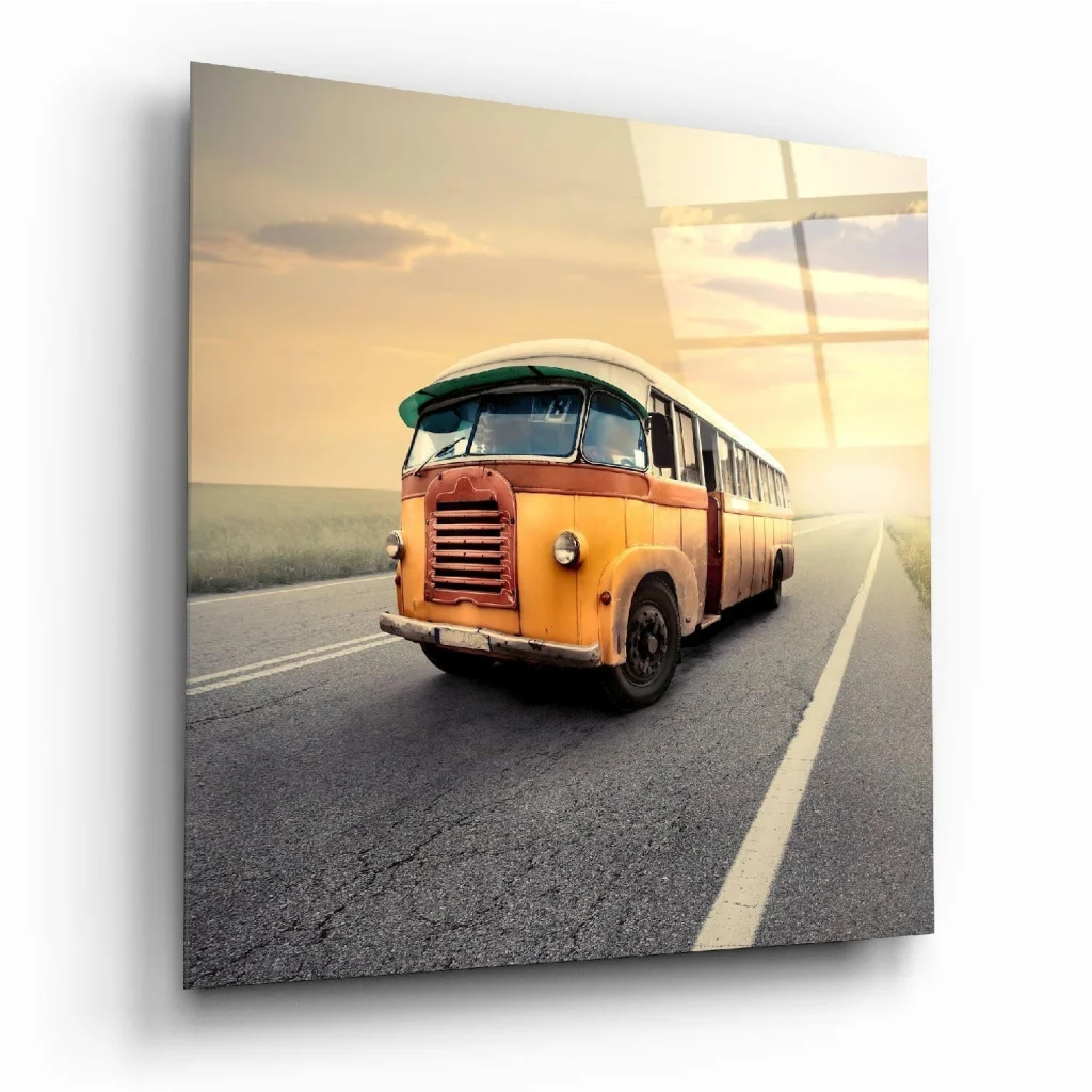 Vintage orange bus glass wall art on acrylic canvas