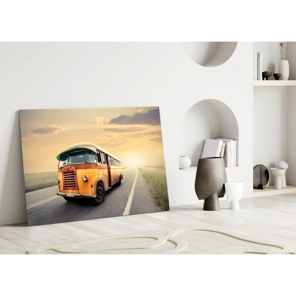 Vintage orange bus canvas wall art print leaning on white wall