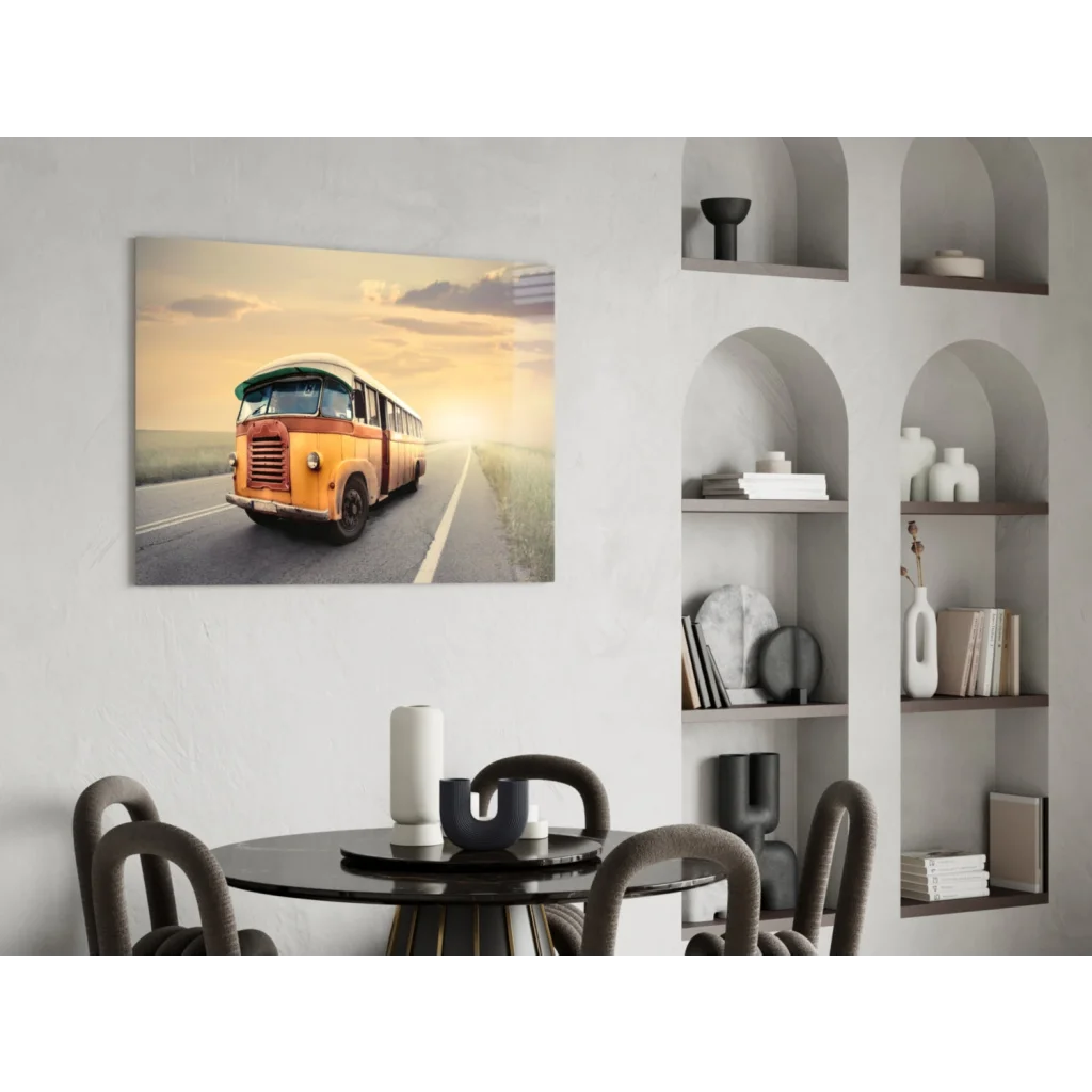 Vibrant orange vintage bus wall art canvas print with sunset backdrop