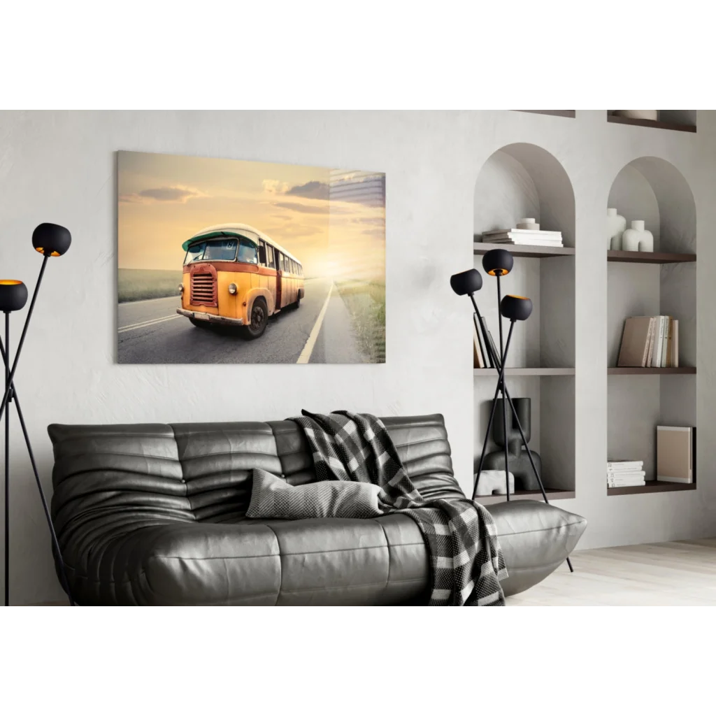 Vintage orange and green bus wall art canvas print