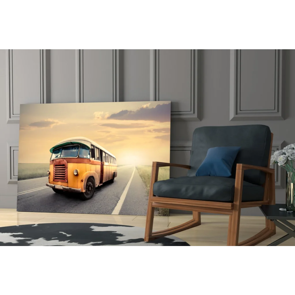Vintage orange and yellow bus wall art canvas print