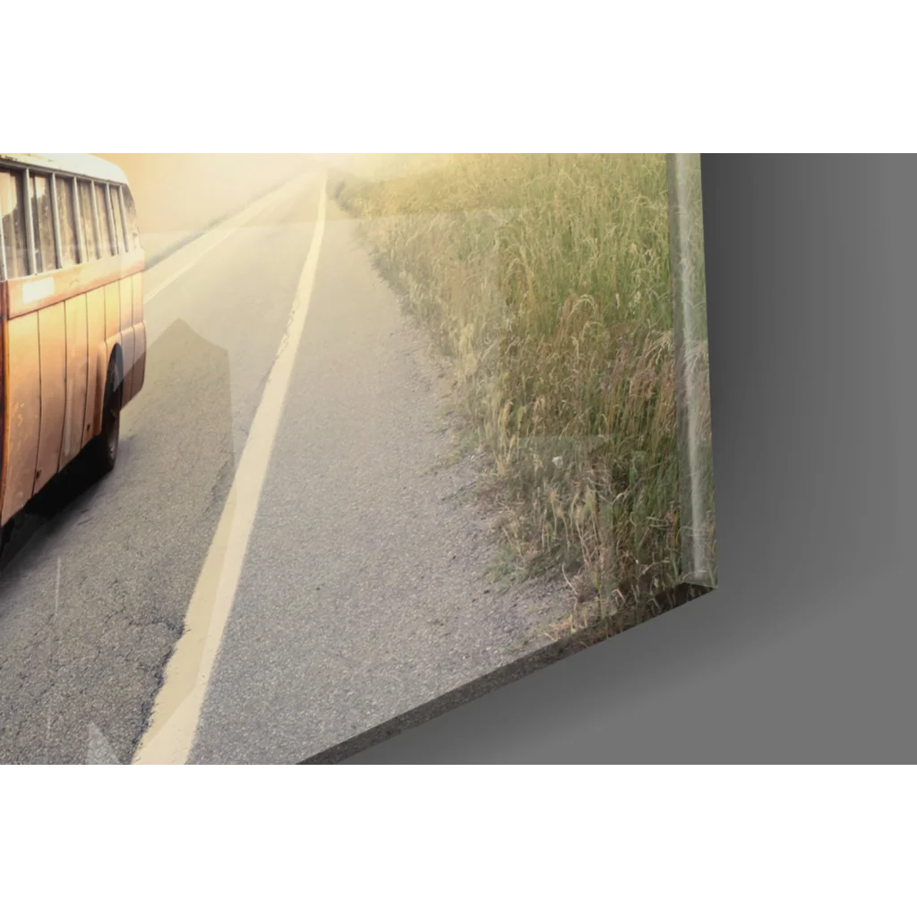 Vintage orange bus wall art print on glass wall, sunlit wooden-paneled scene