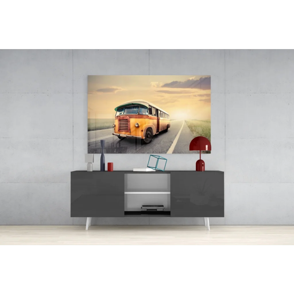Vibrant orange and green vintage bus wall art canvas print