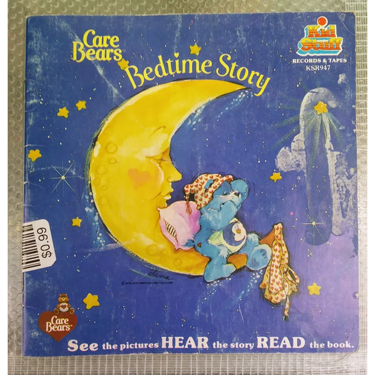 Care Bears bedtime story book with blue cover and yellow moon
