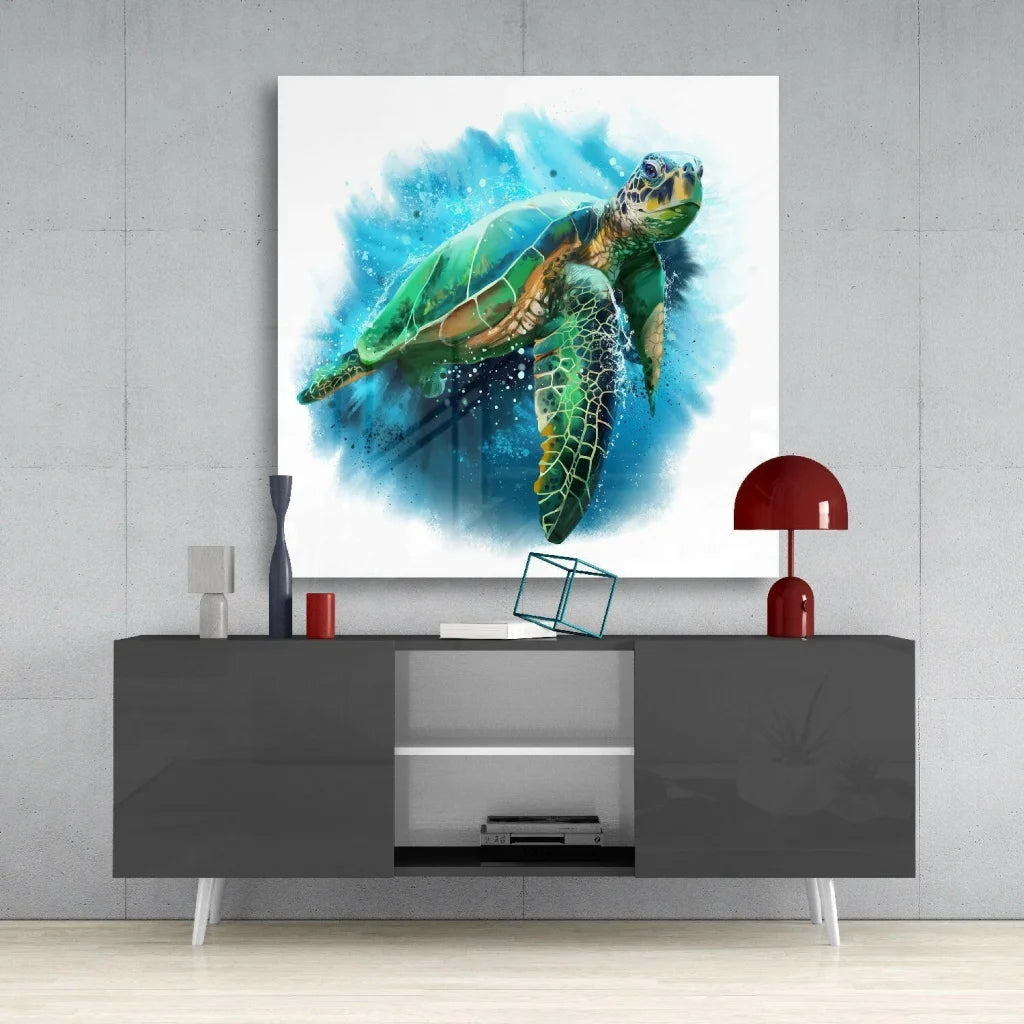 Vibrant green sea turtle glass wall art with blue watercolor splashes