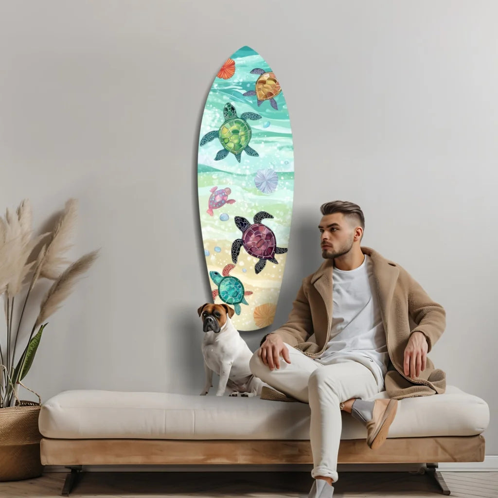 Vibrant surfboard tempered glass art with colorful sea turtles