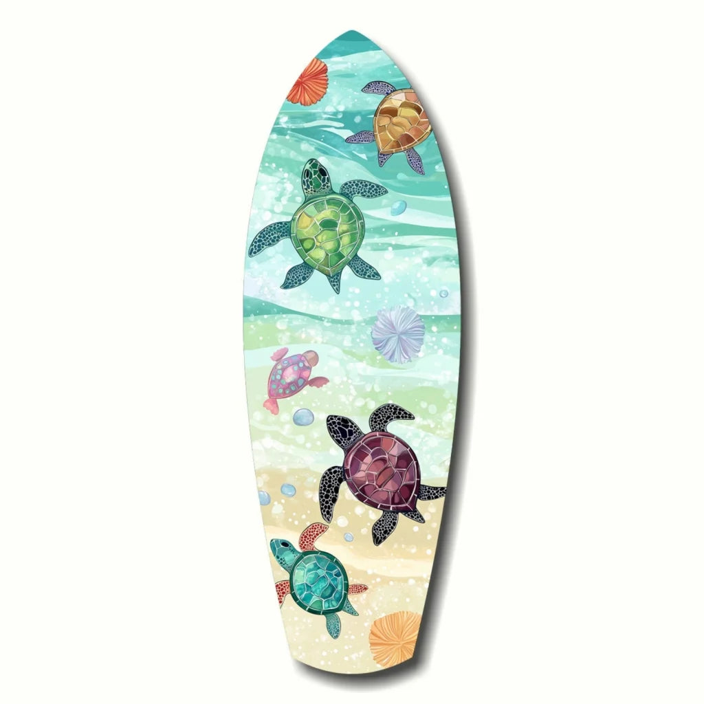 Vibrant surfboard tempered glass art with watercolor sea turtles and seashells