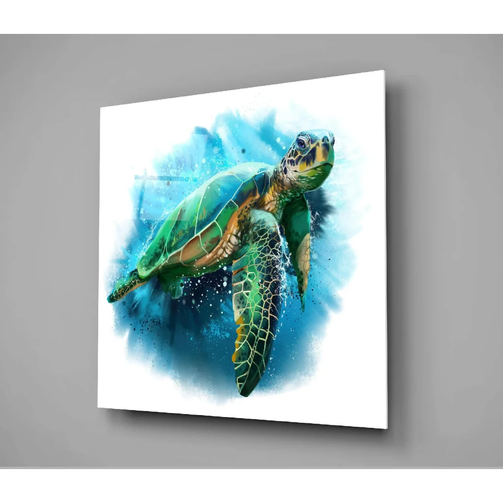 Vibrant green sea turtle glass wall art with blue watercolor splashes on white canvas