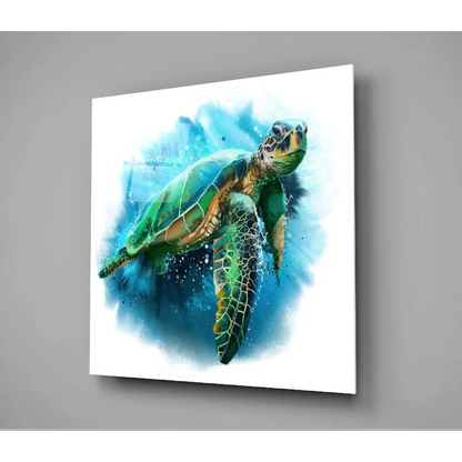 Vibrant green sea turtle glass wall art with blue watercolor splashes on white canvas