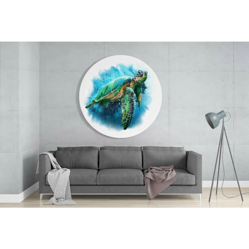 Vibrant green sea turtle tempered glass art wall decor with blue watercolor splashes