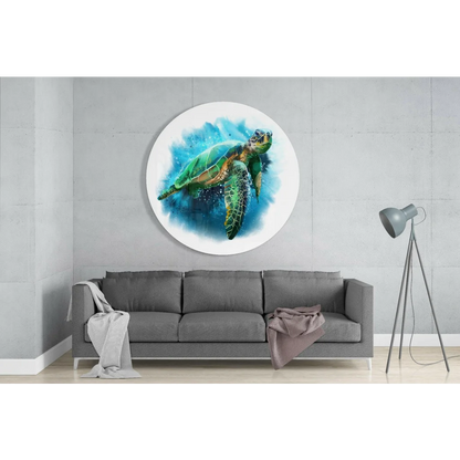 Vibrant green sea turtle tempered glass art wall decor with blue watercolor splashes