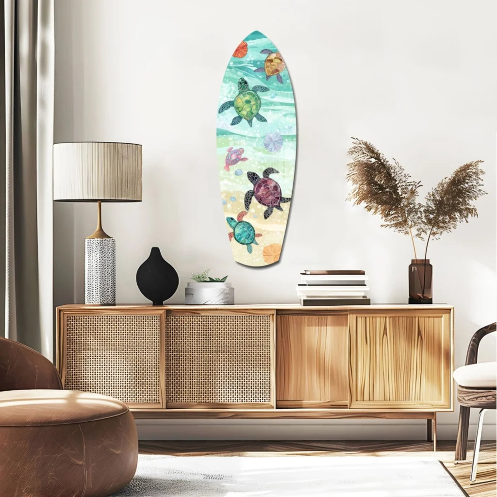 Vibrant tempered glass art of sea turtles on surfboard for ocean lovers