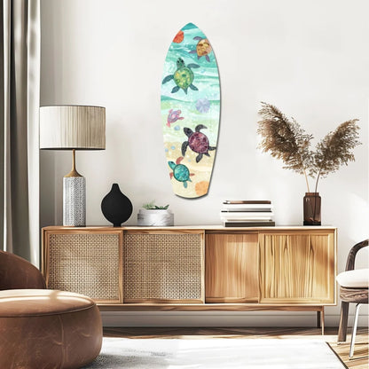 Vibrant tempered glass art of sea turtles on surfboard for ocean lovers
