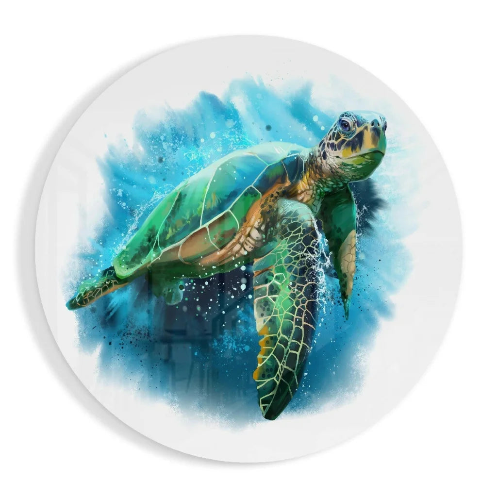 Vibrant green sea turtle in watercolor on tempered glass art wall decor