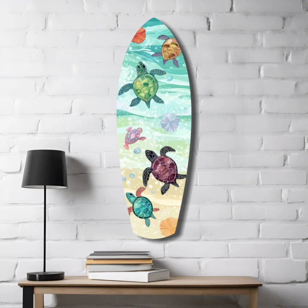 Colorful tempered glass art of sea turtles on surfboard shape
