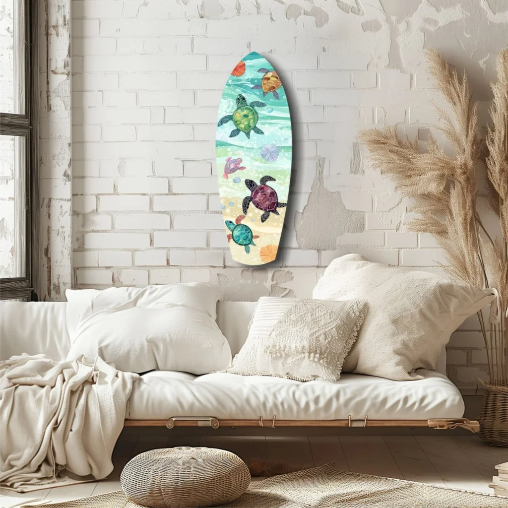 Colorful tempered glass art of sea turtles on surfboard for ocean lovers