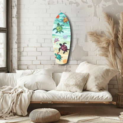 Colorful tempered glass art of sea turtles on surfboard for ocean lovers