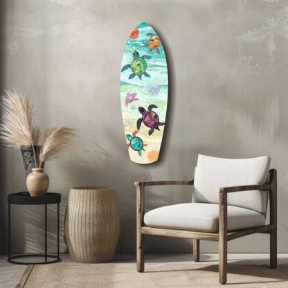 Colorful tempered glass art of sea turtles on surfboard for ocean lovers