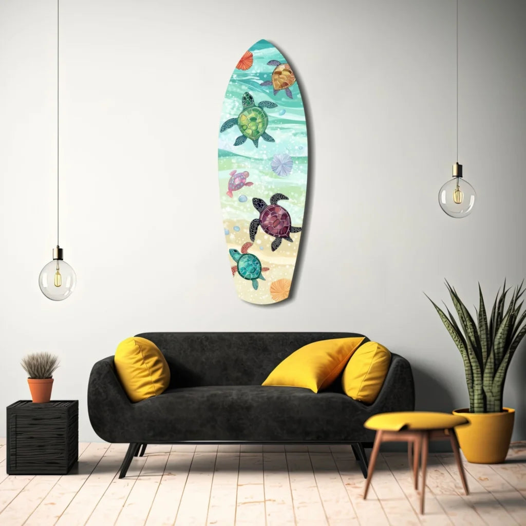 Vibrant surfboard tempered glass art with colorful sea turtles in turquoise ocean