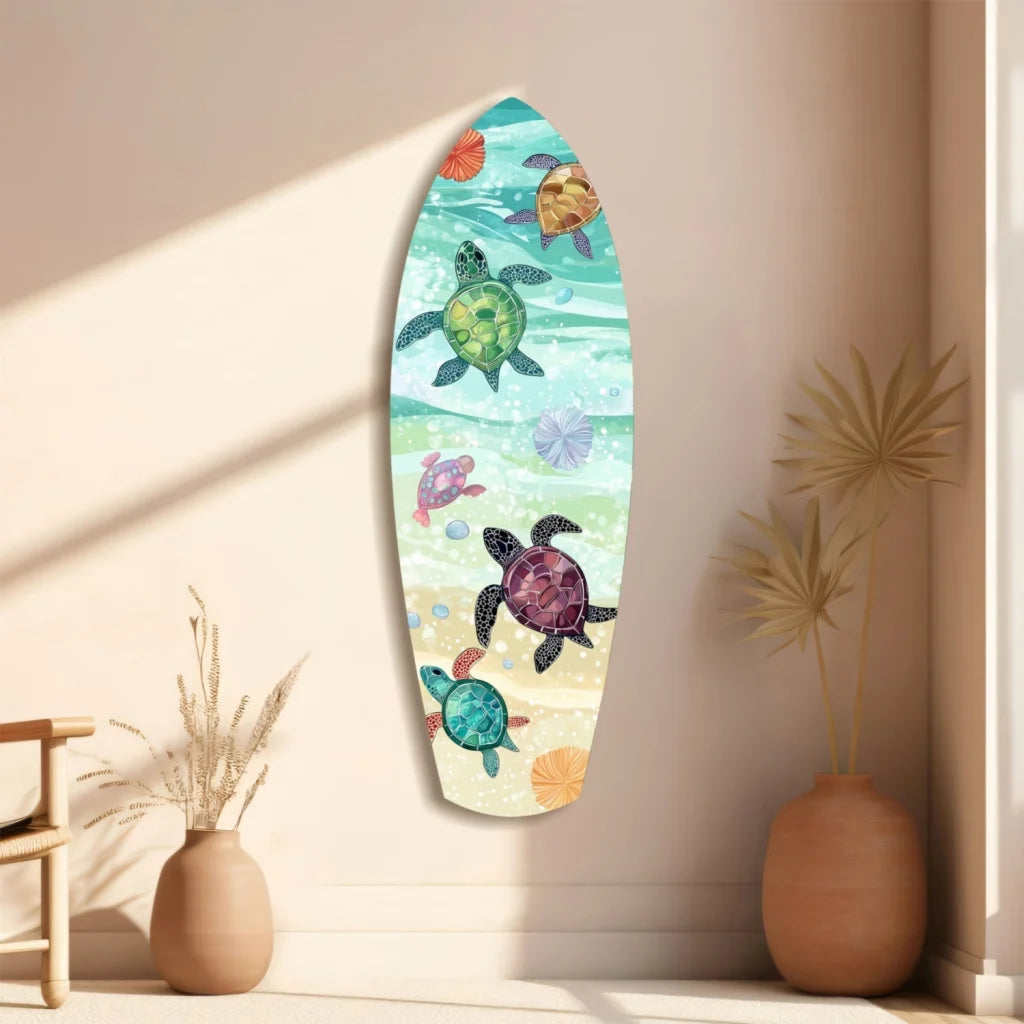 Vibrant tempered glass art of surfboard with sea turtles and seashells