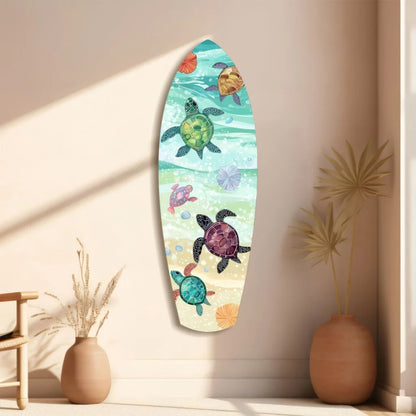 Vibrant tempered glass art of surfboard with sea turtles and seashells