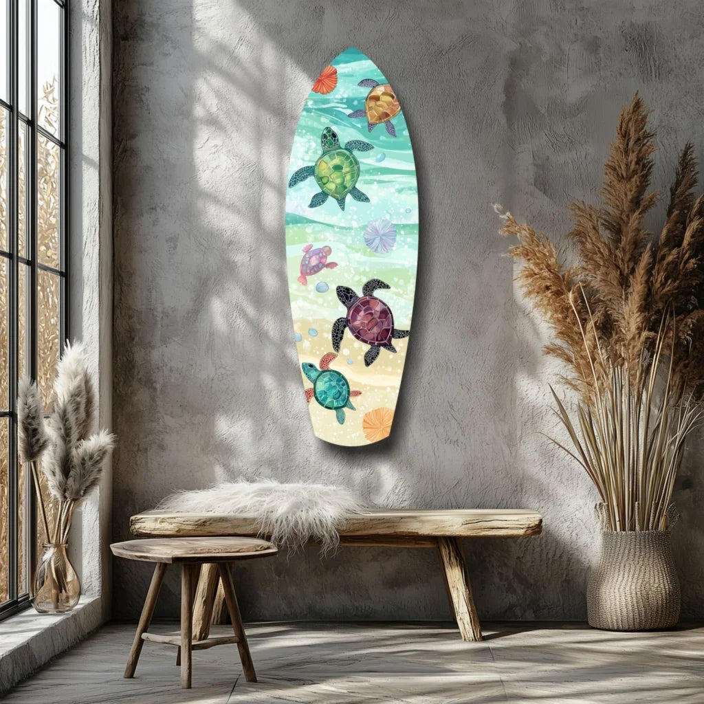 Colorful surfboard tempered glass art with watercolor sea turtles and seashells