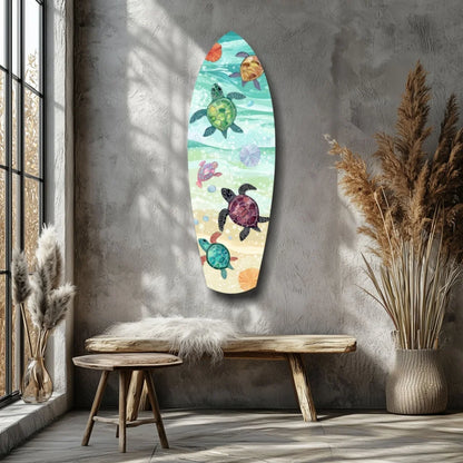 Colorful surfboard tempered glass art with watercolor sea turtles and seashells