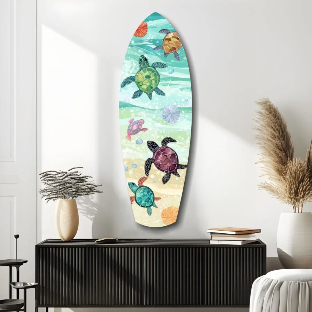 Vibrant surfboard tempered glass art with watercolor sea turtles and seashells